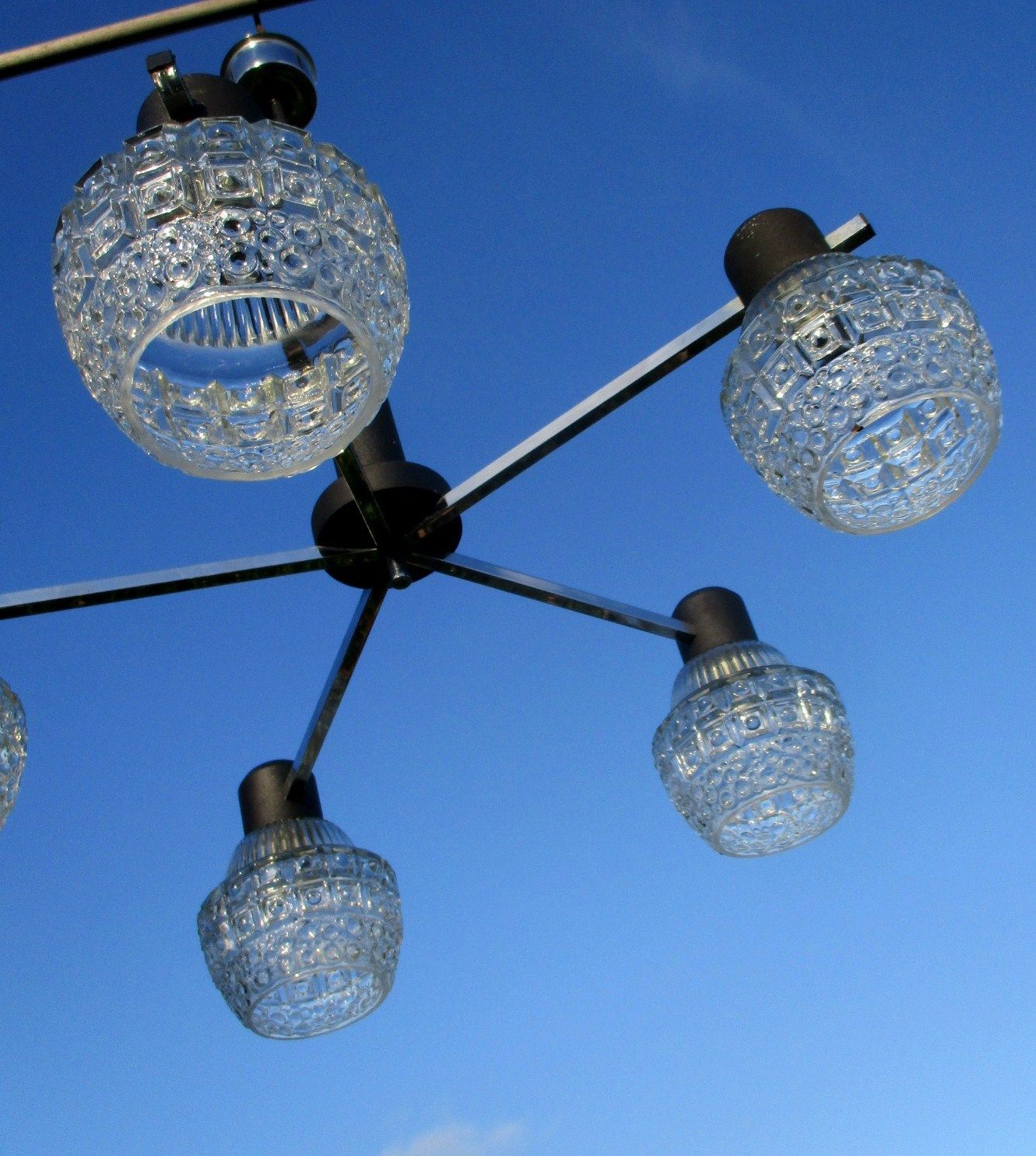 Mid Century Danish Modern Chandelier Chrome Glass Shades Vintage 5 Lights photo 231.0