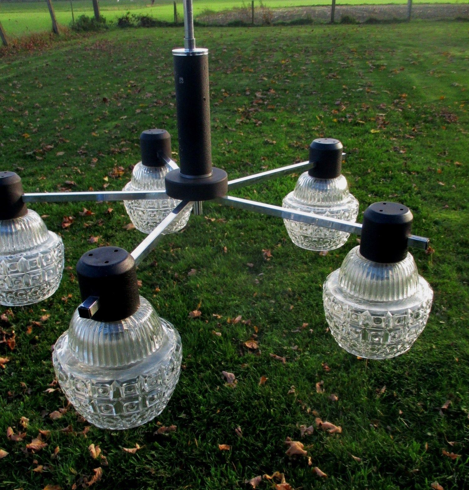 Mid Century Danish Modern Chandelier Chrome Glass Shades Vintage 5 Lights photo buy