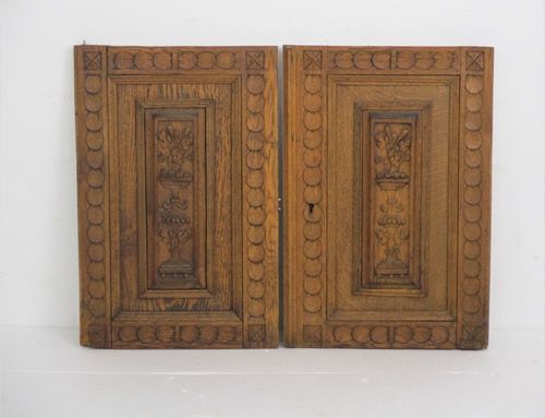 Pair Antique French Carved Wood Oak Door Panels Reclaimed Architectural Flower B photo for sale