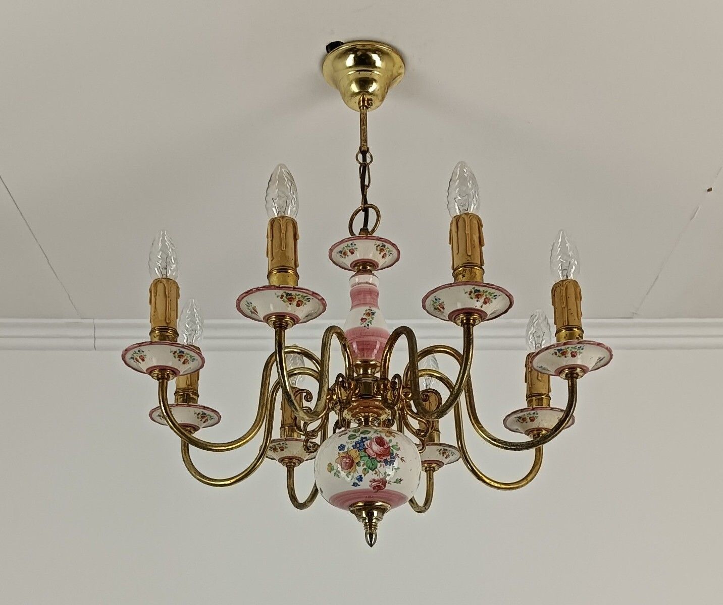 photo for sale Romantic Italian Chandelier  Pink Porcelain Flower Pattern Brass 8 Lights Arm VI