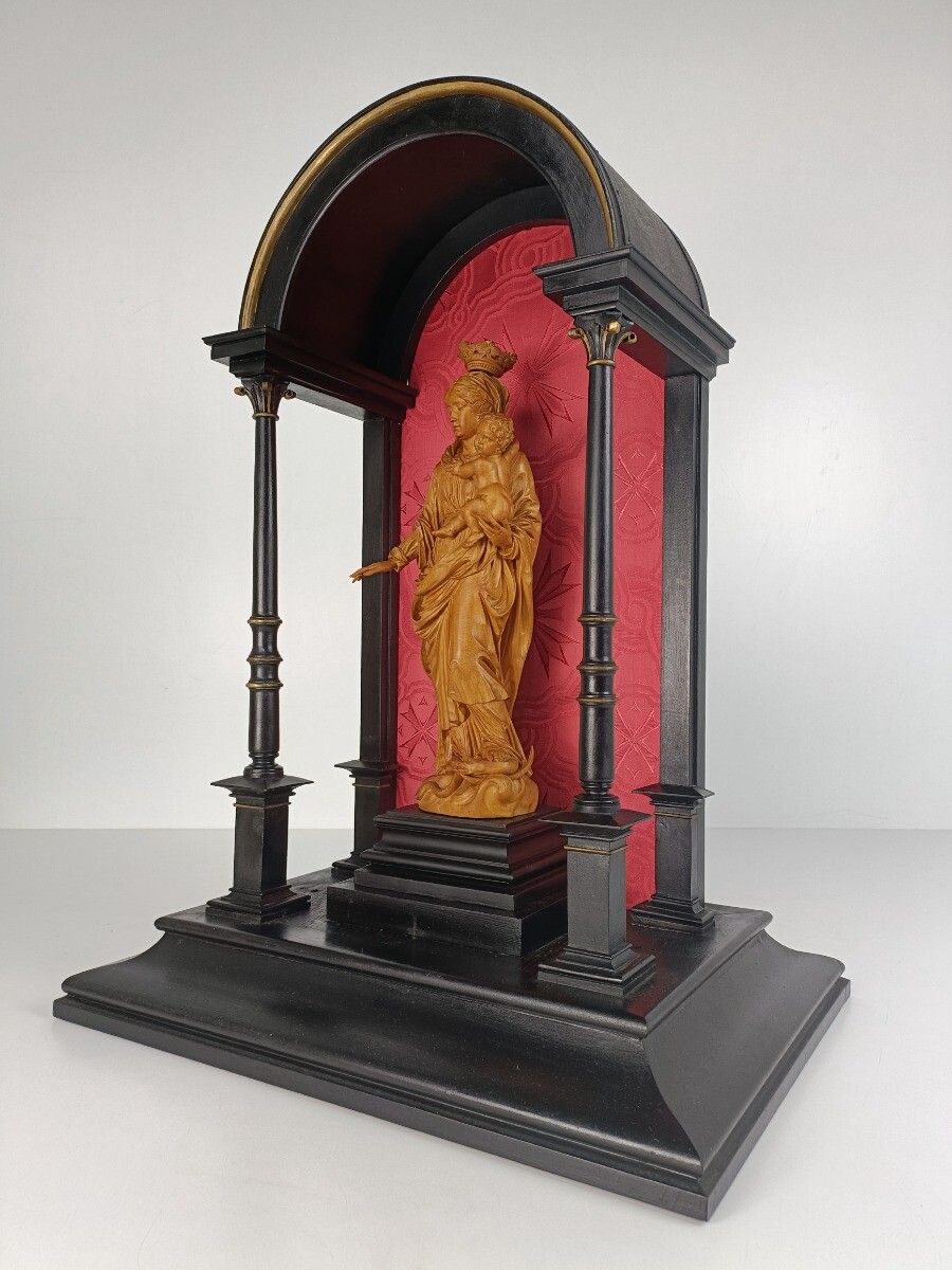 Black Lackered Antique Chapel Niche With Pillars Madonna Virgin Mary Statue Waln photo for sale