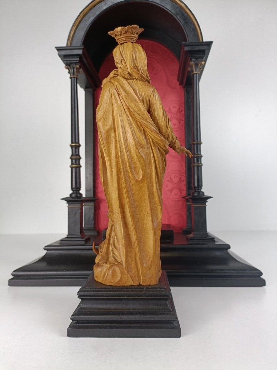 Black Lackered Antique Chapel Niche With Pillars Madonna Virgin Mary Statue Waln photo buy