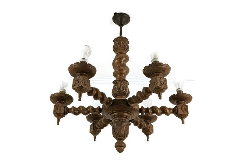 Vintage Chandelier Carved Wood Wooden 6 Lights Arm Barley Twist Farmhouse Countr