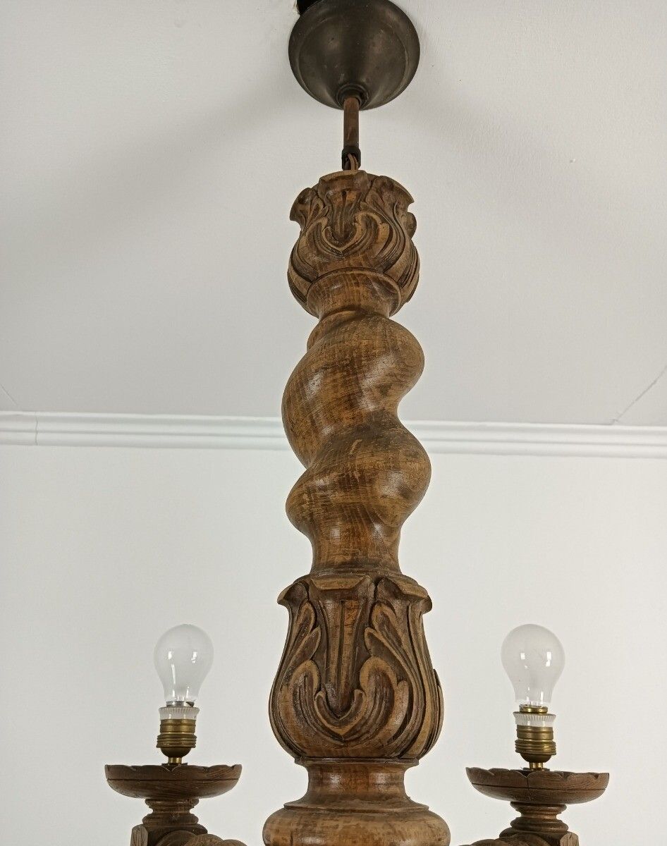 Vintage Chandelier Carved Wood Wooden 6 Lights Arm Barley Twist Farmhouse Countr photo for sale