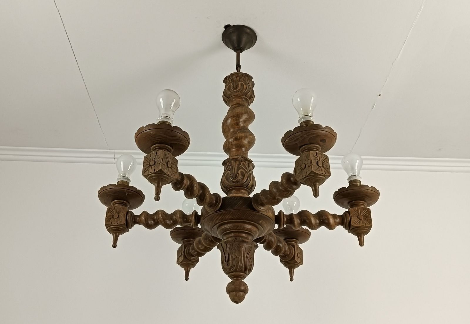 Vintage Chandelier Carved Wood Wooden 6 Lights Arm Barley Twist Farmhouse Countr photo Lighting
