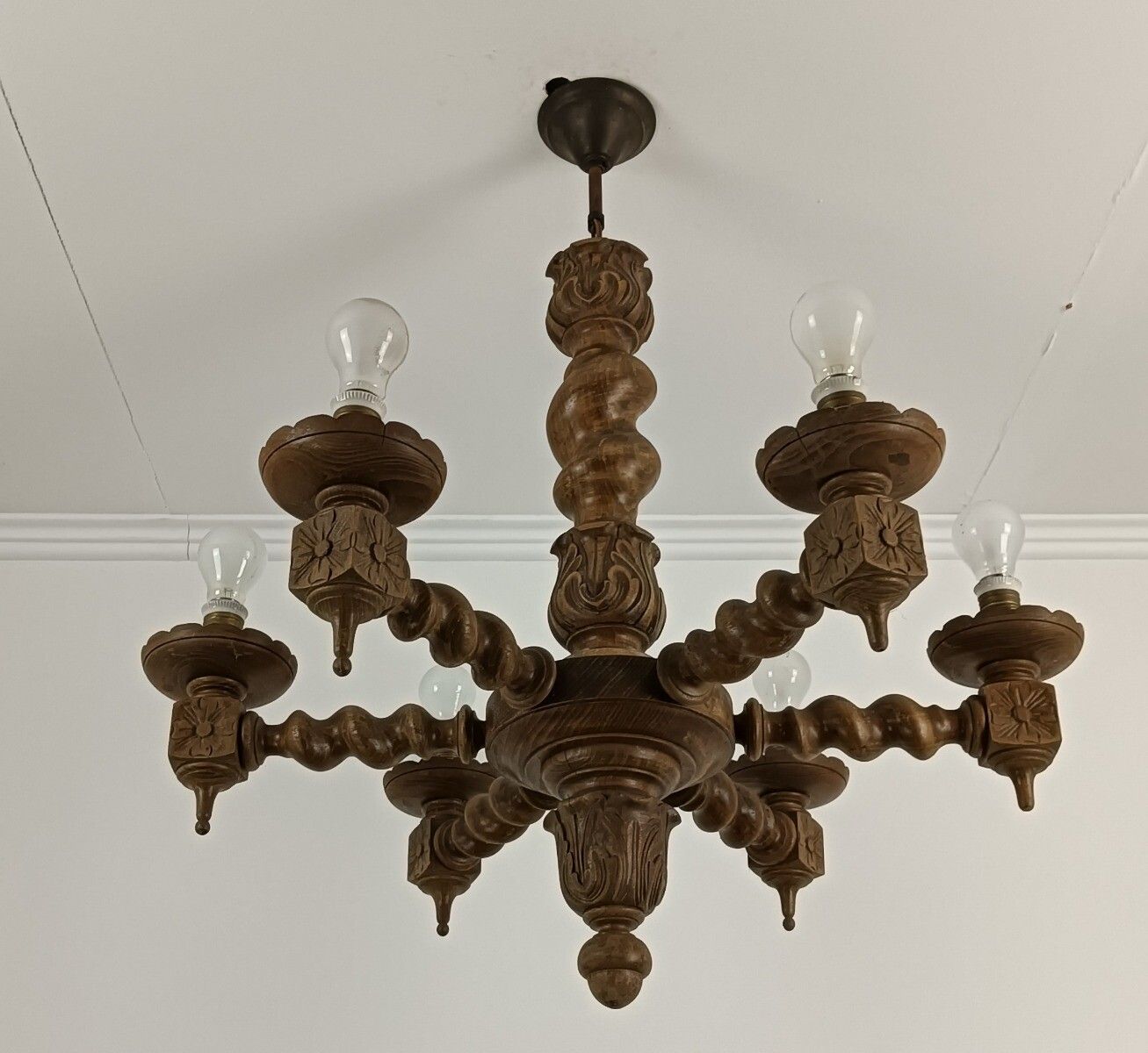 Vintage Chandelier Carved Wood Wooden 6 Lights Arm Barley Twist Farmhouse Countr photo buy