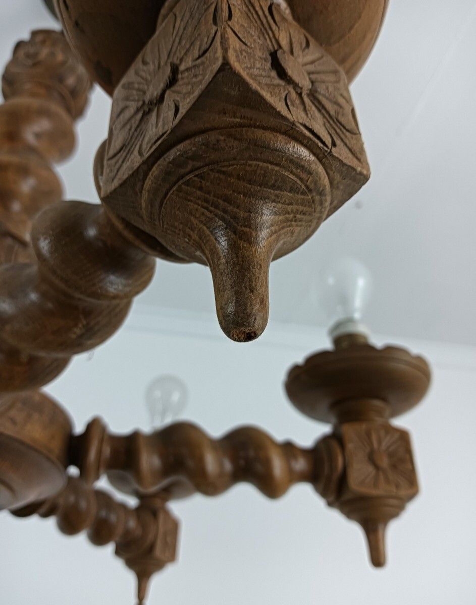 photo for sale Vintage Chandelier Carved Wood Wooden 6 Lights Arm Barley Twist Farmhouse Countr