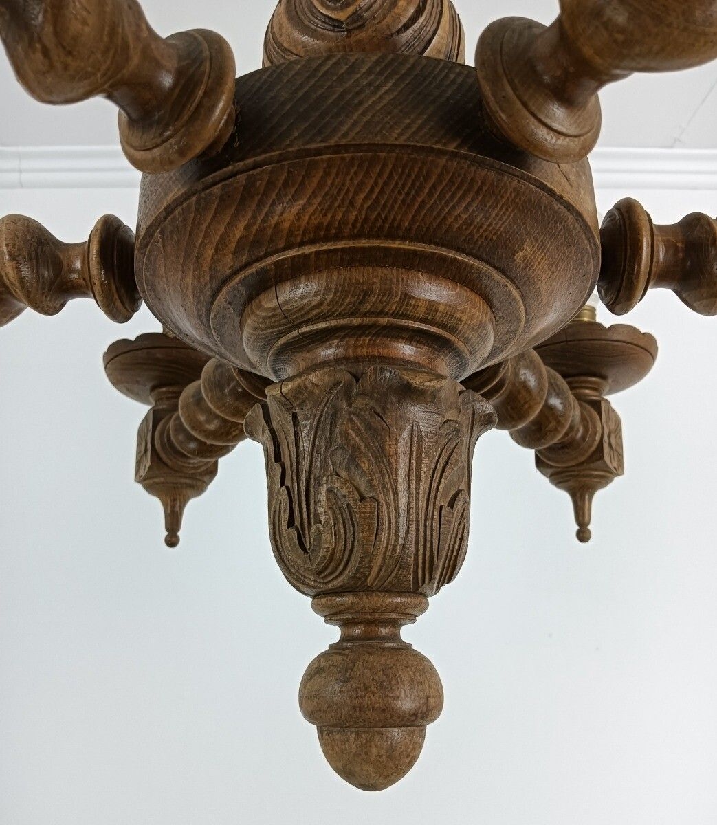 photo vinterior Vintage Chandelier Carved Wood Wooden 6 Lights Arm Barley Twist Farmhouse Countr