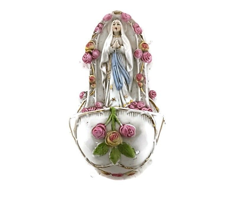 Beautiful Bisque Porcelain Antique Holy Water Font Vessel Madonna Pink Flowers G