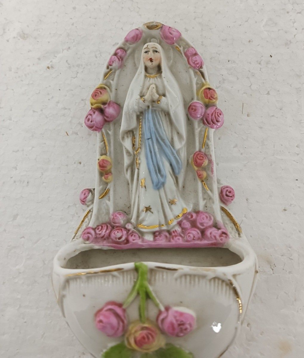 Beautiful Bisque Porcelain Antique Holy Water Font Vessel Madonna Pink Flowers G photo furniture