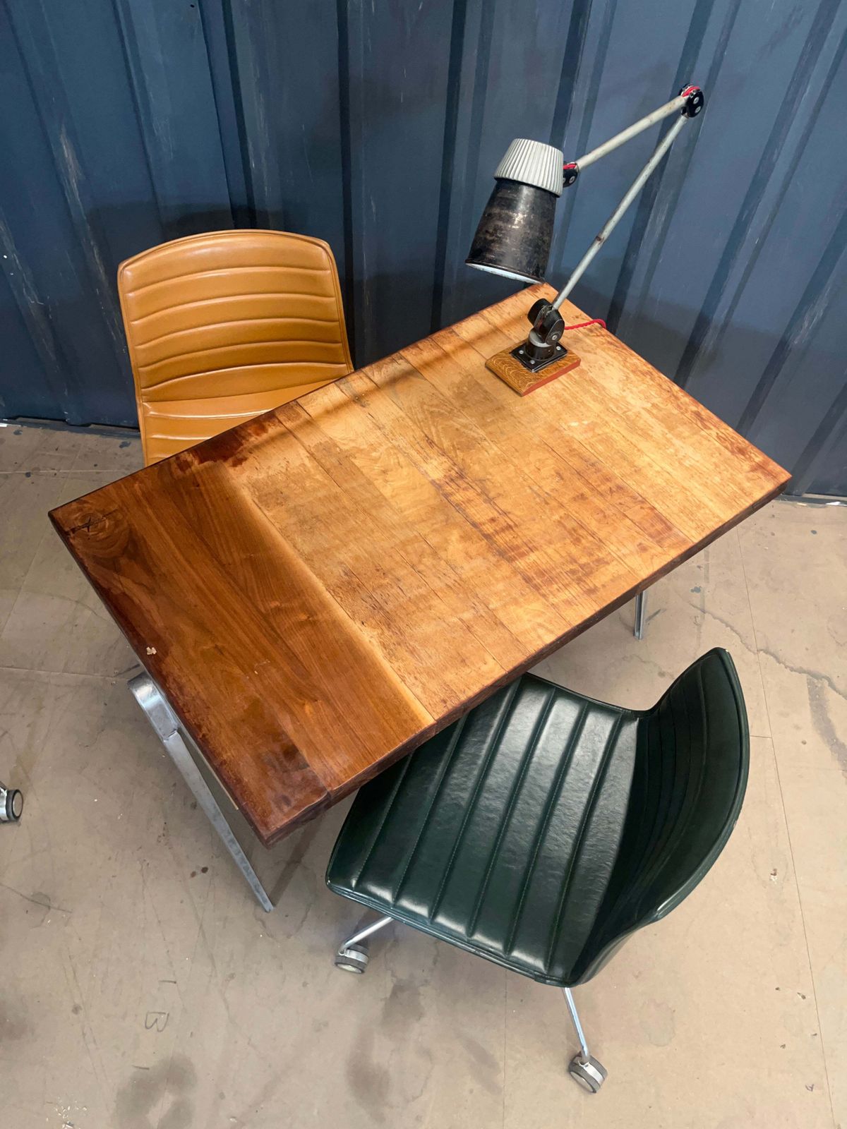 1950s James Leonard Compass Leg Desk With Reclaimed Oak Top photo for sale