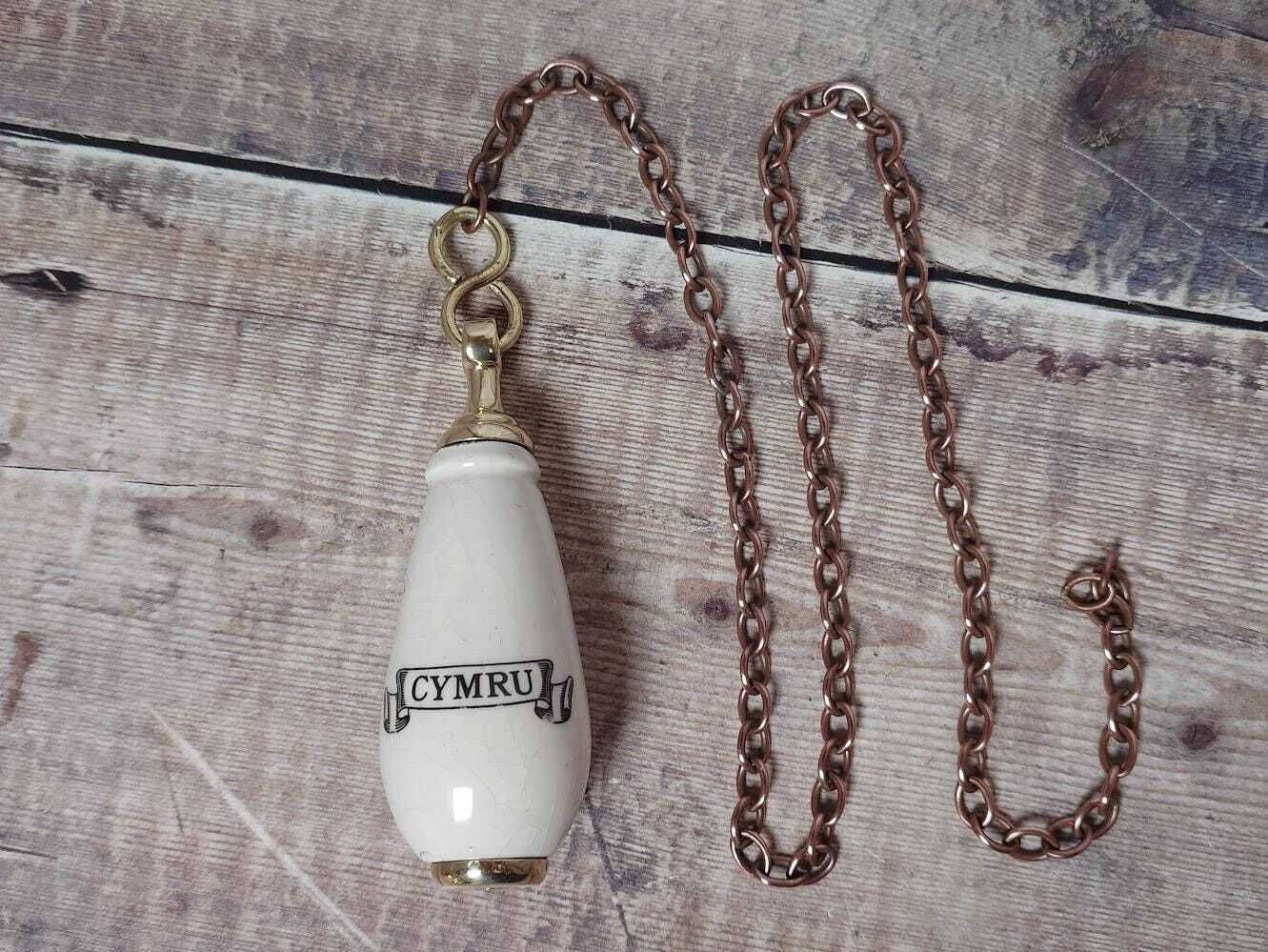 Vintage Ceramic Welsh Toilet Cistern Pull And Brass Chain, Vintage Toilet Flush Pull Chain, Ceramic Pull Handle, Welsh Ceramic Light Pull photo furniture