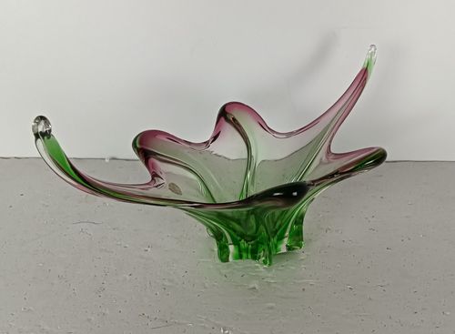 Green Cranberry  Murano Italian Art Glass Centerpiece Dish Bowl Mid Century Vint photo vinterior