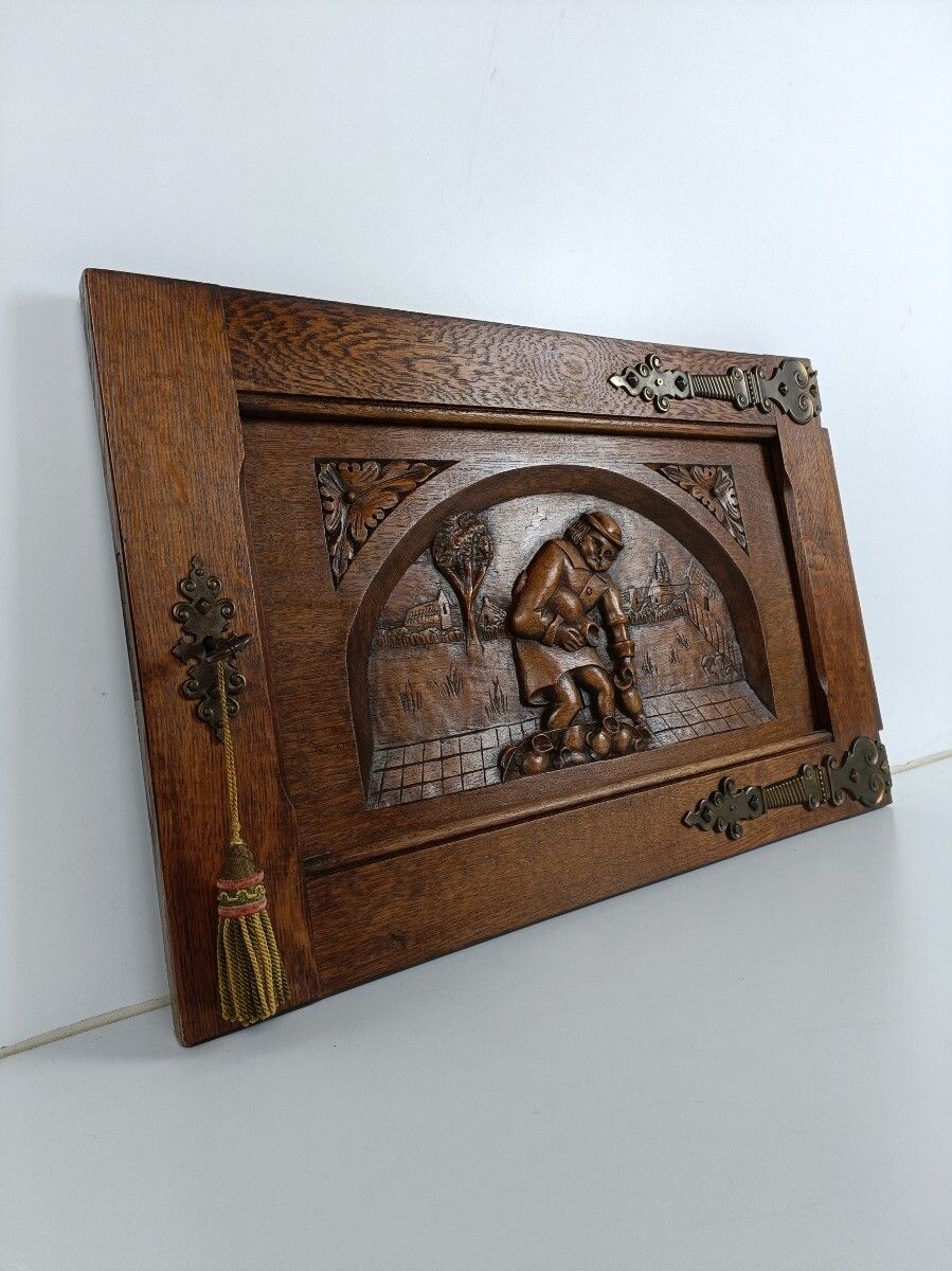 Vintage Carved Wood Door Panel Brass Trims Breughel Style Architectural Salvaged photo for sale