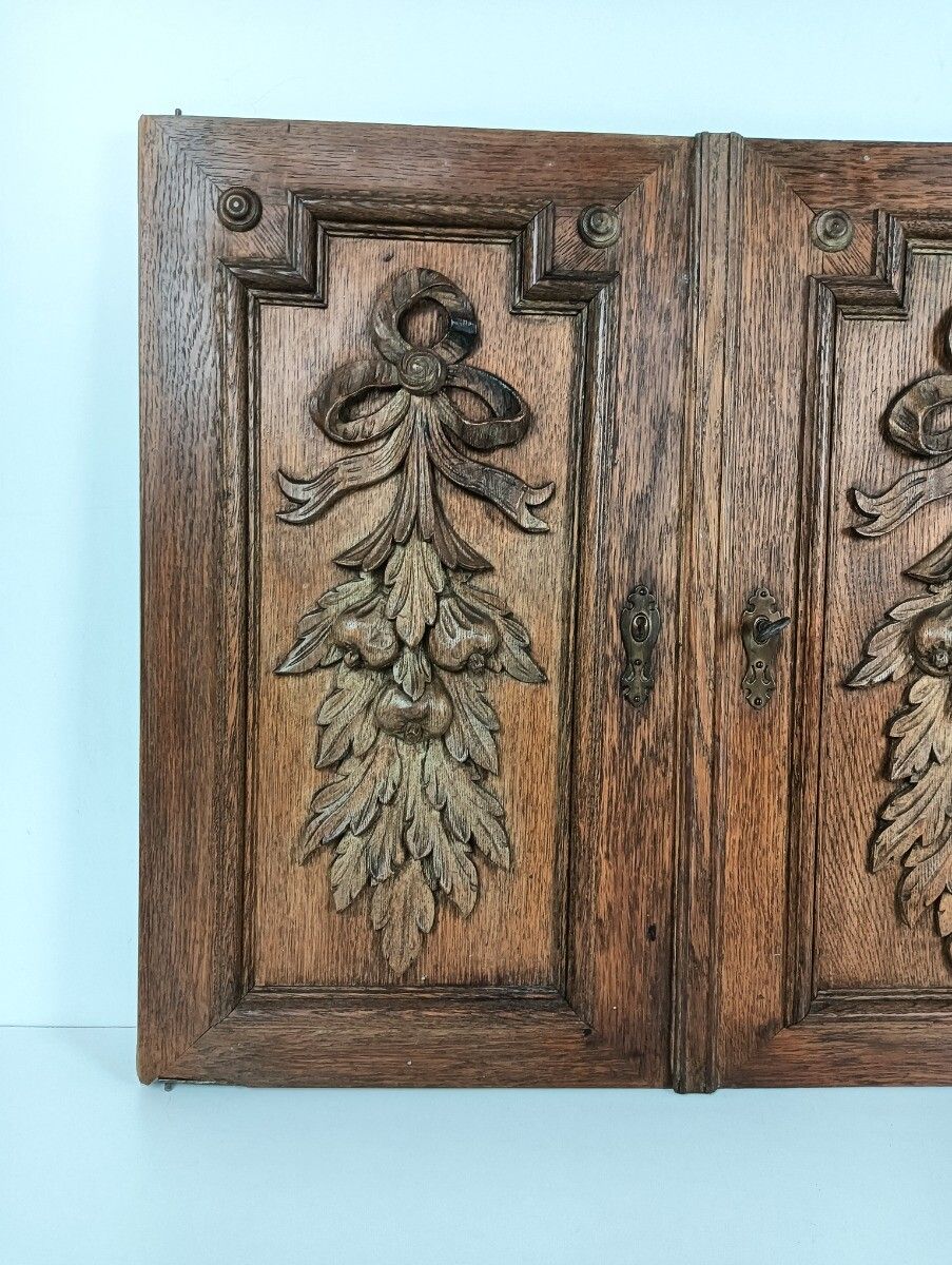 Pair Antique Door Panels Carved Wood Ornate  Architectural Reclaimed Salvaged Wo photo vinterior
