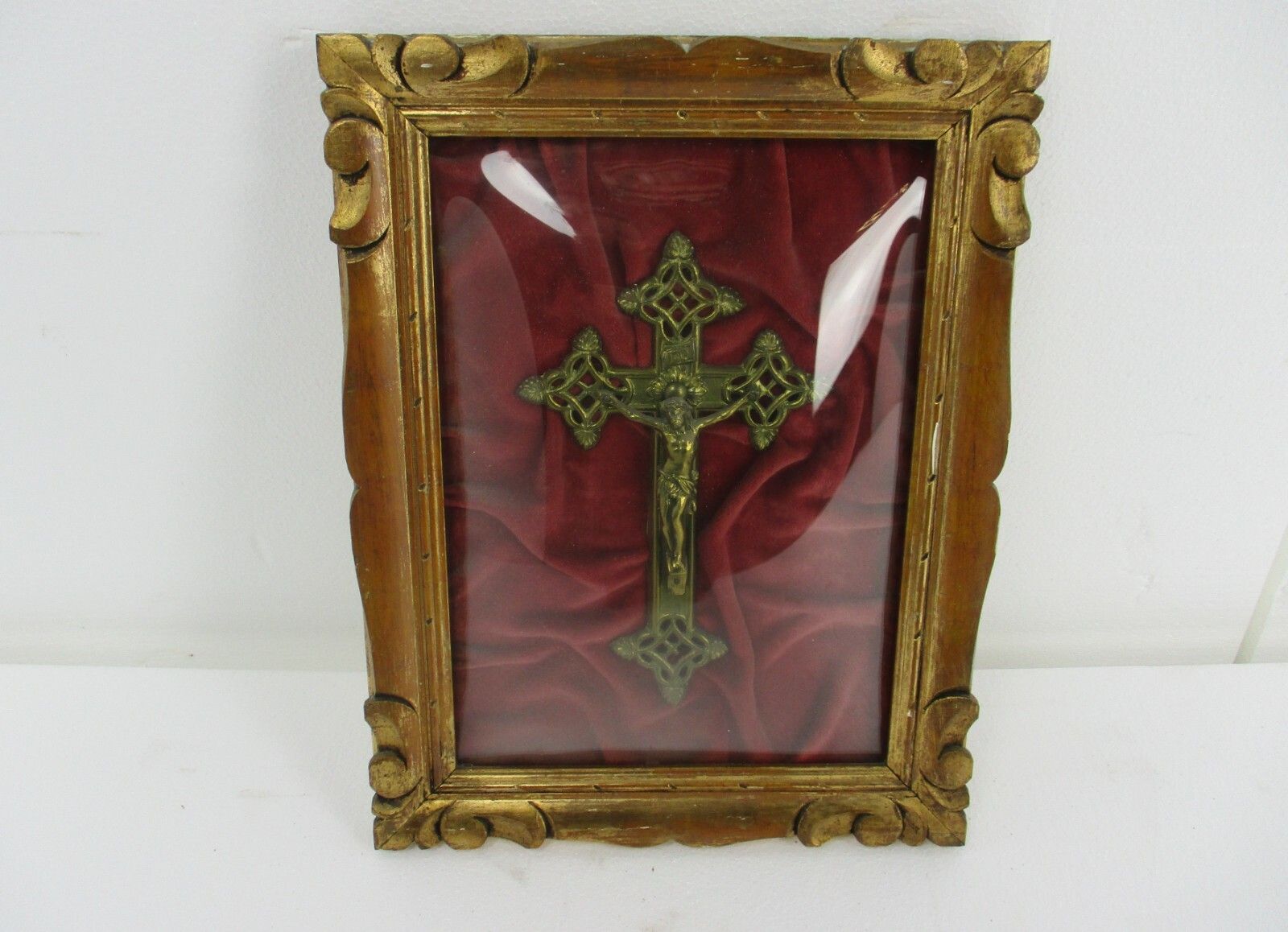 Large  Antique Ornate Wooden Plaster Frame Velvet Convex Glass Dome Crucifix photo for sale