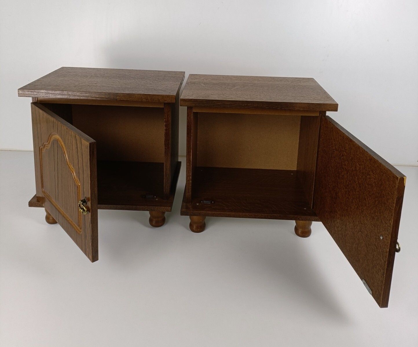 Pair Of Nightstands End Tables Vintage, Wood Veneer, Cabinets, Bedroom, 70s photo Furniture