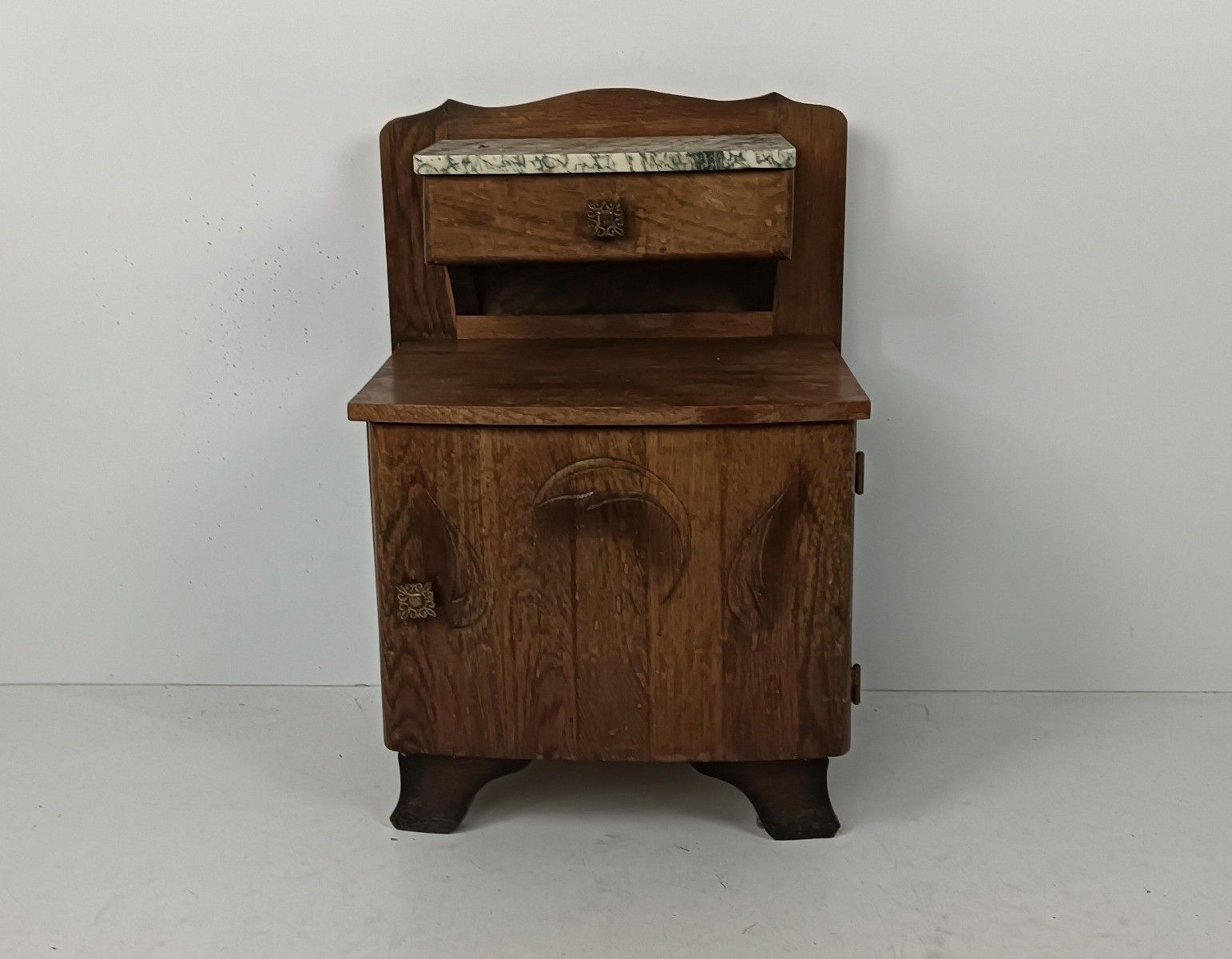 Lovely Art Deco Nightstand Carved Wood Marble Top Bedside Table Cabinet Very Swe photo furniture