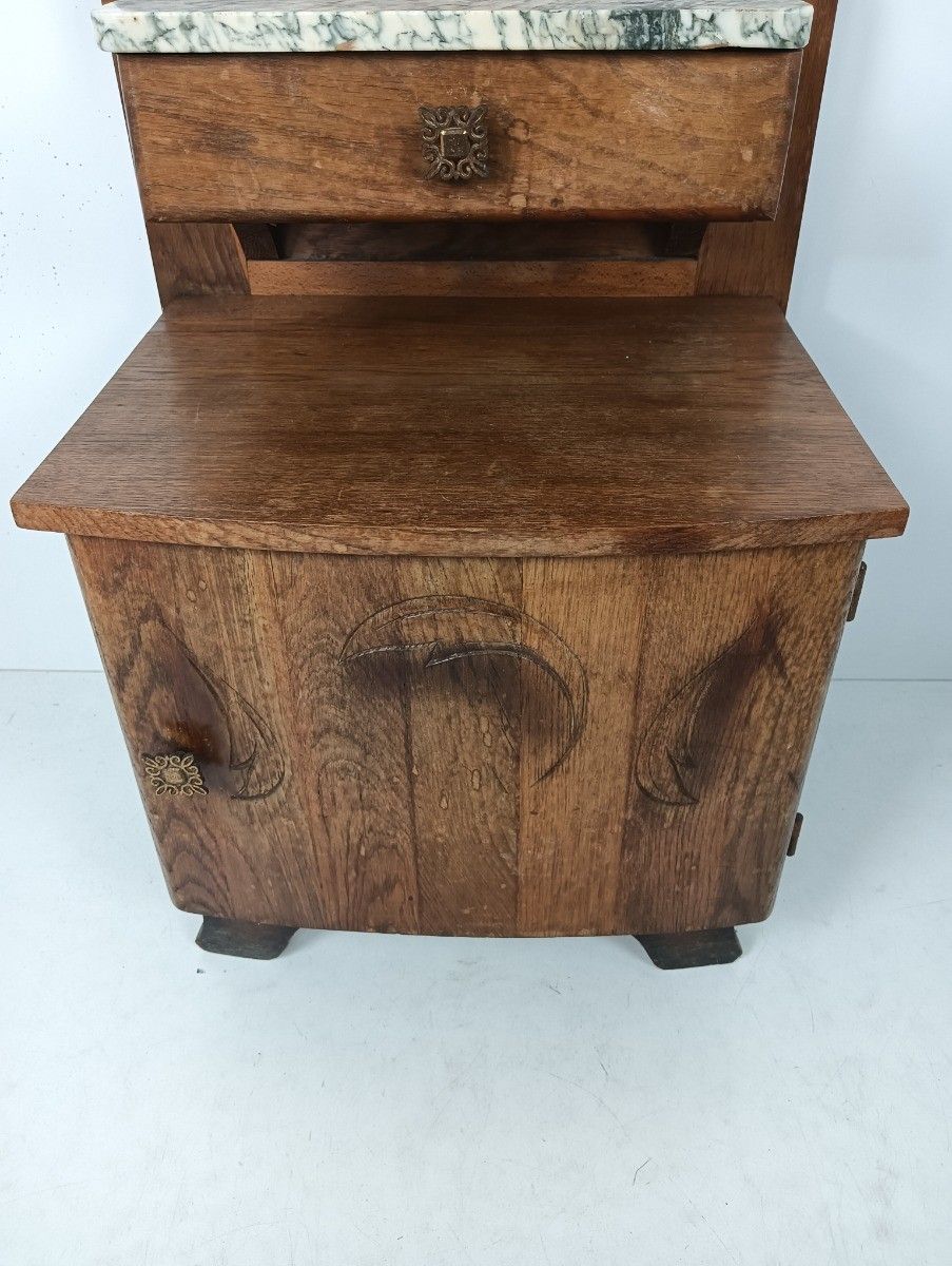 Lovely Art Deco Nightstand Carved Wood Marble Top Bedside Table Cabinet Very Swe photo for sale