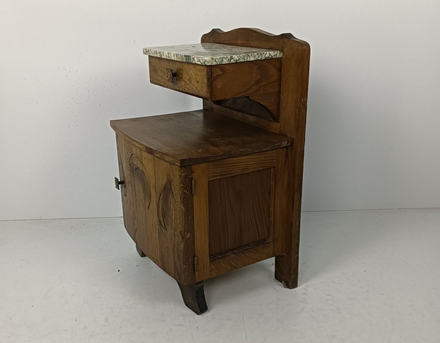 Lovely Art Deco Nightstand Carved Wood Marble Top Bedside Table Cabinet Very Swe photo 445.0