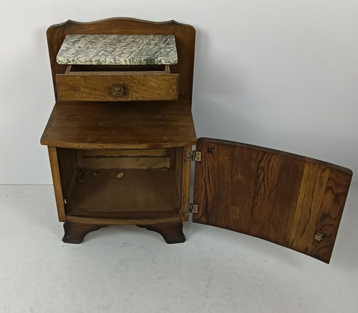 Lovely Art Deco Nightstand Carved Wood Marble Top Bedside Table Cabinet Very Swe photo buy