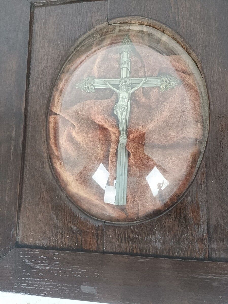 Antique  Wooden Frame Convex Glass Dome Crucifix Cross Square photo for sale