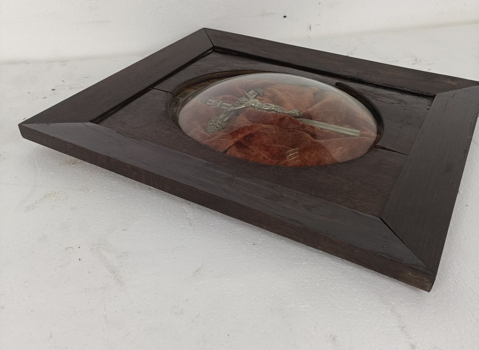 Antique  Wooden Frame Convex Glass Dome Crucifix Cross Square photo 121.0