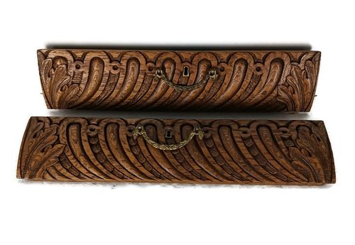 Two Ornate Carved Wooden Pediment Cabinet Doors Brass Handle Architectural Salva