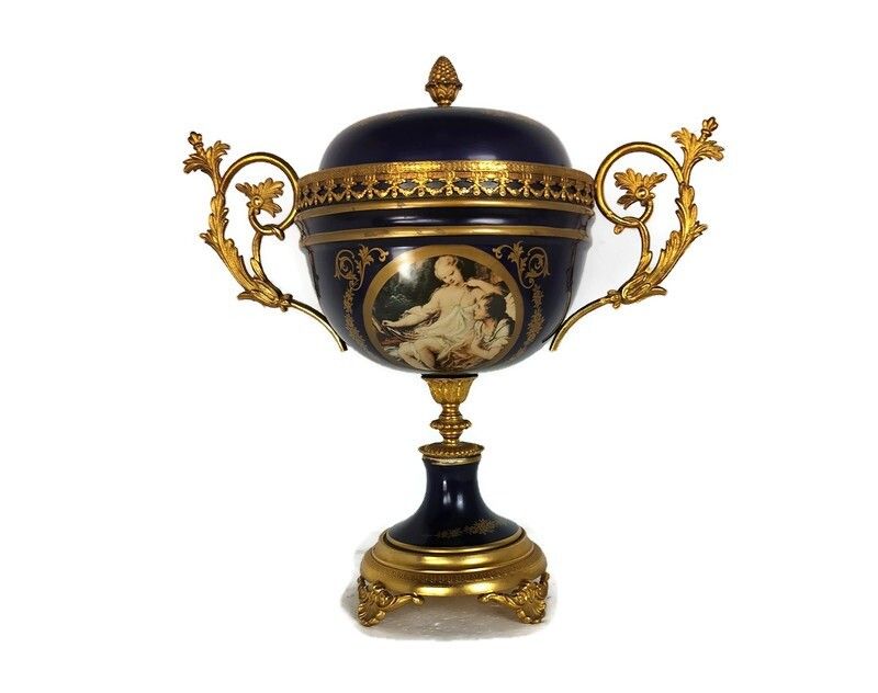 Cobalt Blue Porcelain Brass Trims Bowl Vase Urn With Lid Lumedart Belgium Beauti