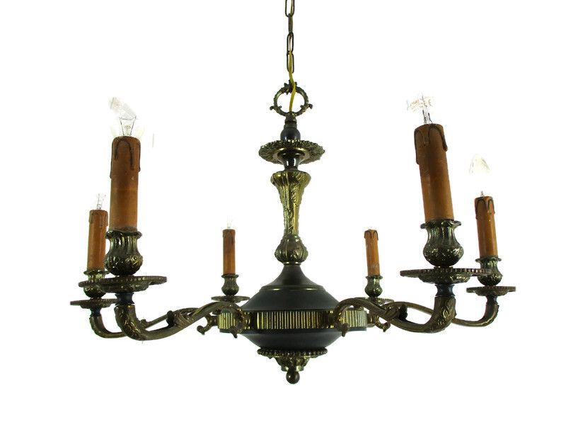 6 Arms Lights Pan Chandelier Revival French  Empire Vintage Modernist Brass