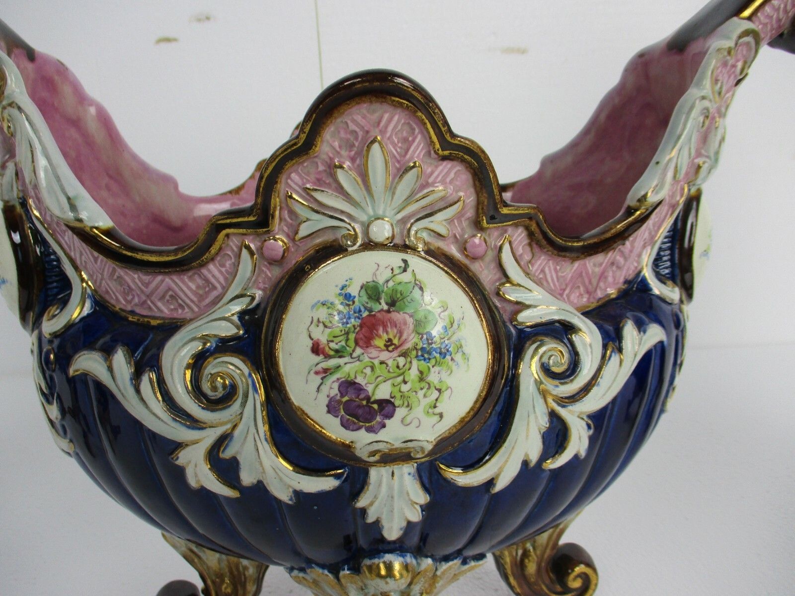 Set Of 3 French Barbotine Majolica Vases Planters Centerpiece  Medallions photo furniture