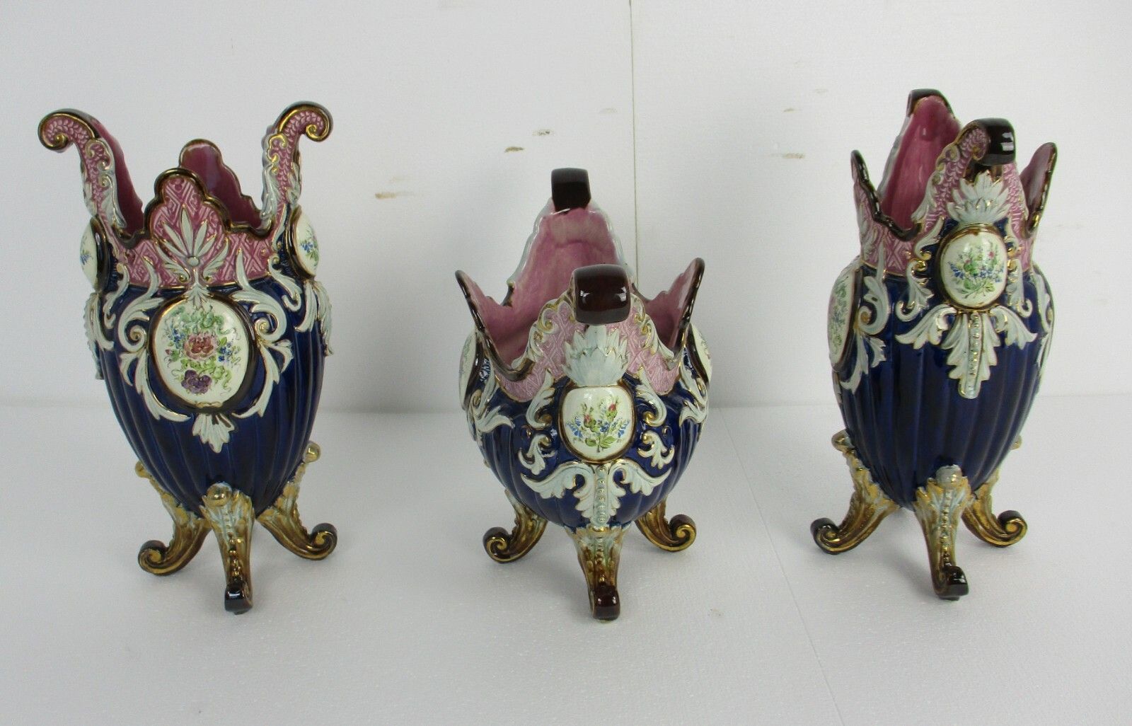 Set Of 3 French Barbotine Majolica Vases Planters Centerpiece  Medallions photo for sale
