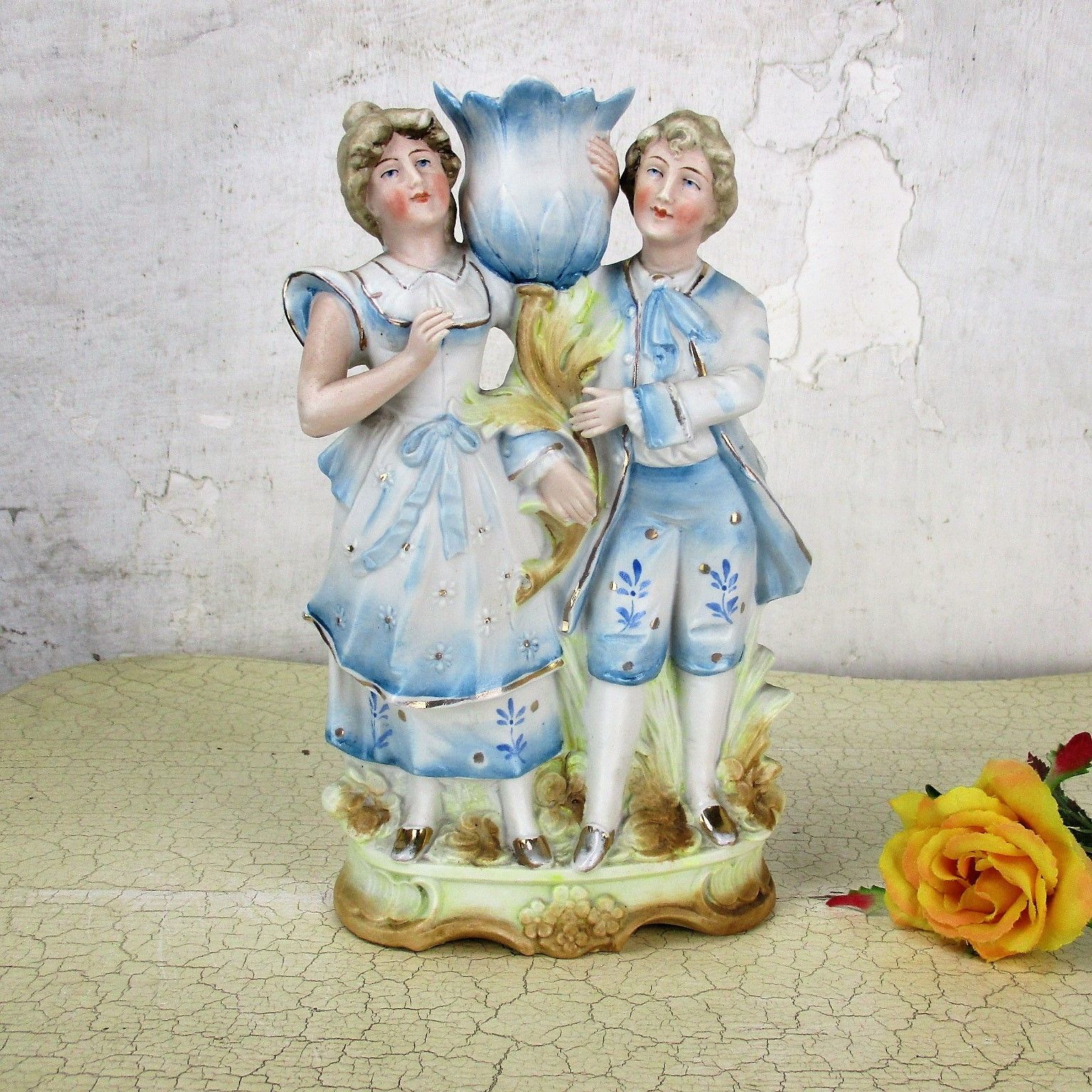 Lovely Porcelain Figurine Spill Vase Statue Victorian Couple Pair  Bisque