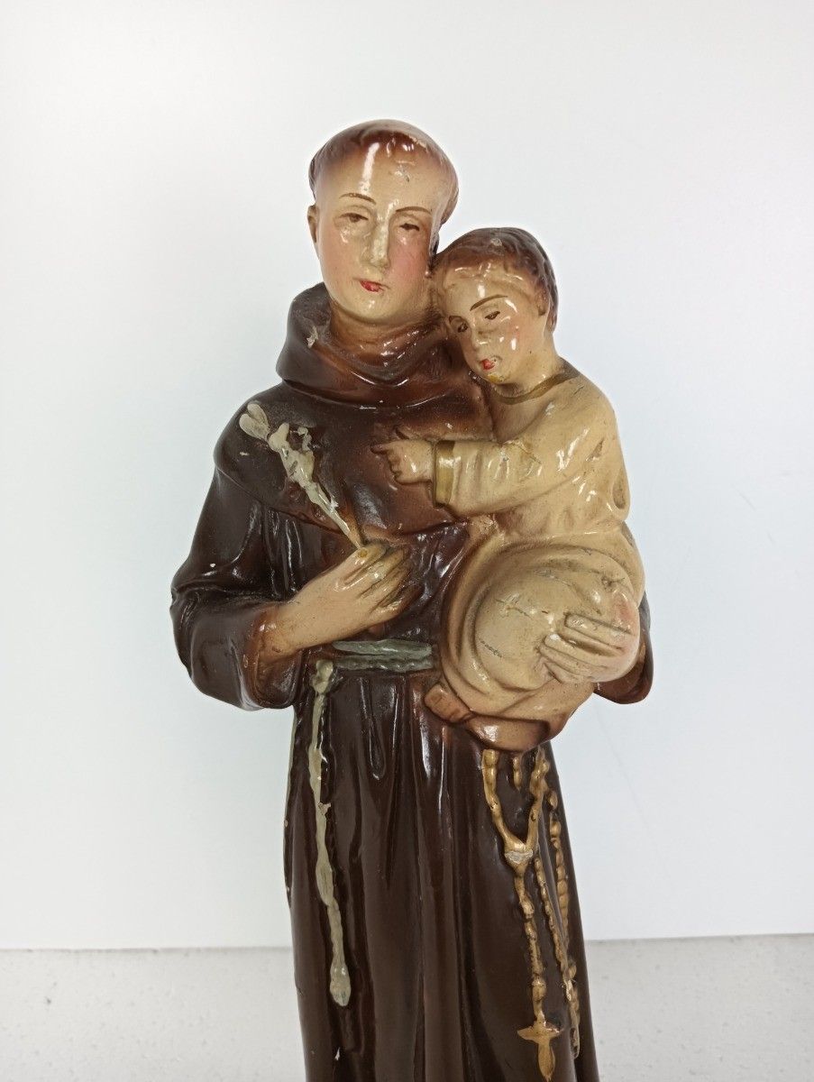 St Anthony Padua Of Lisbon Infant Child Plaster Statue Franciscan Antique Polych photo Art