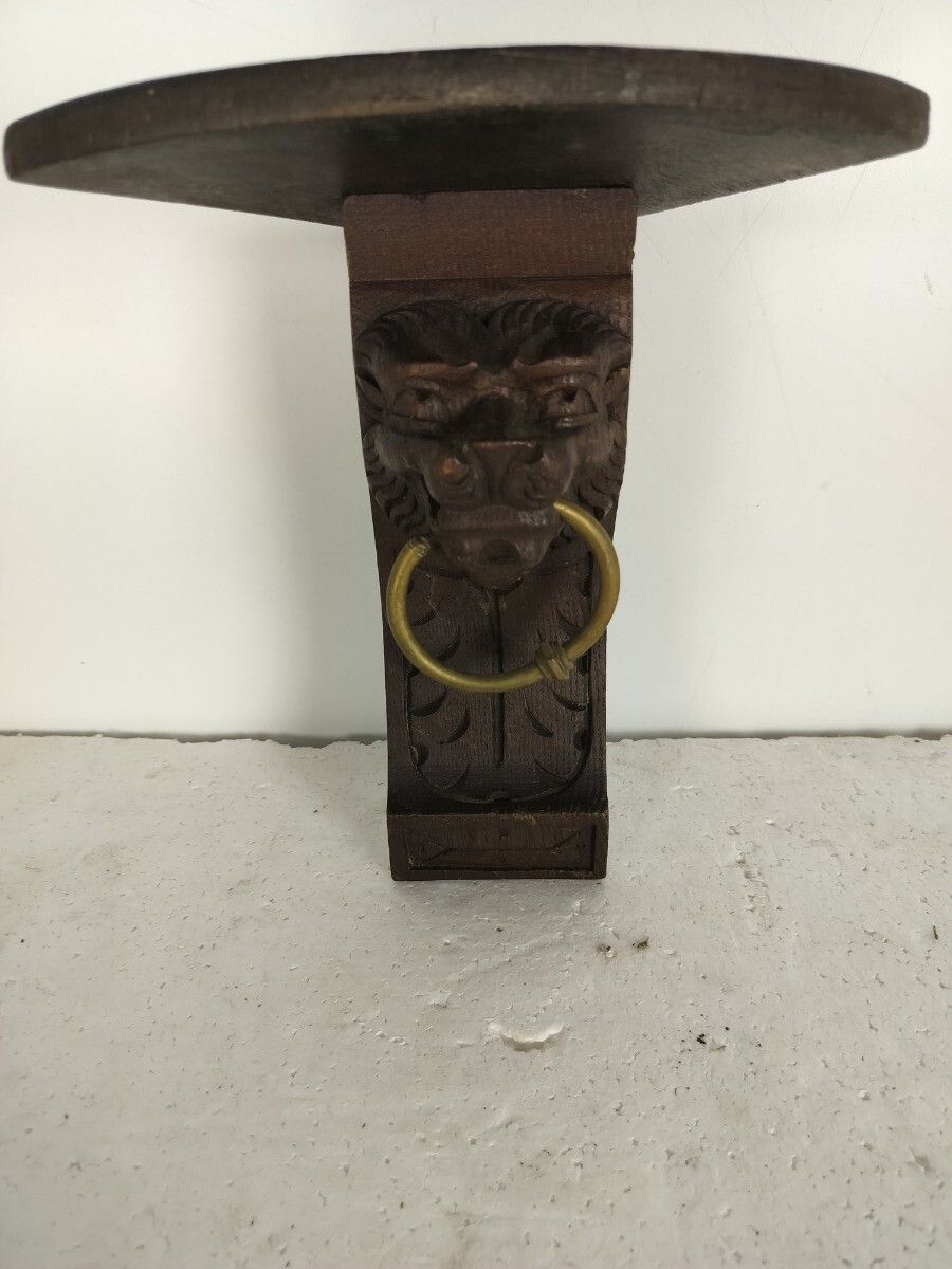 Antique French Carved Wood Reclaimed Architectural Lion Head Small Corner Consol photo furniture