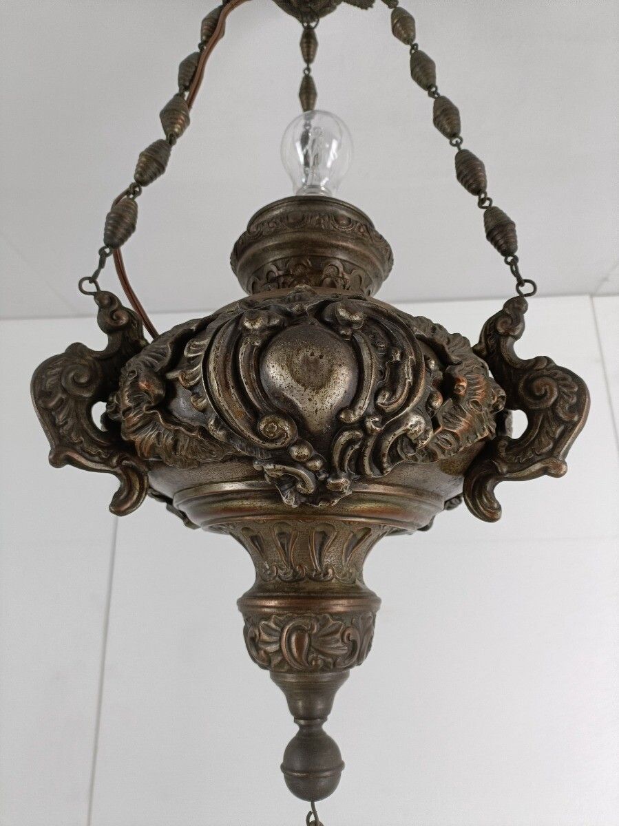 Antique Gothic Copper Silverplatede Gods Lamp Light Ceiling Fixture Chandelier P photo vinterior