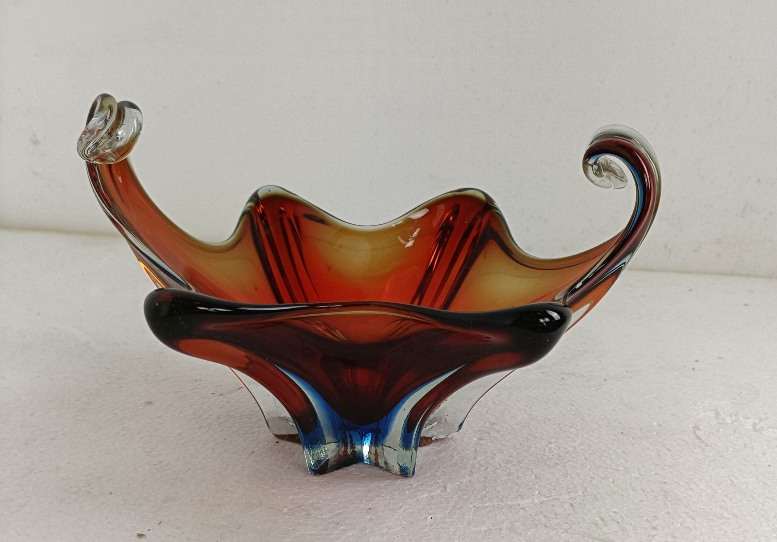 Italian Cranberry Blue Bowl Dish Centerpiece Murano Seguso Art Glass Modernist S photo for sale