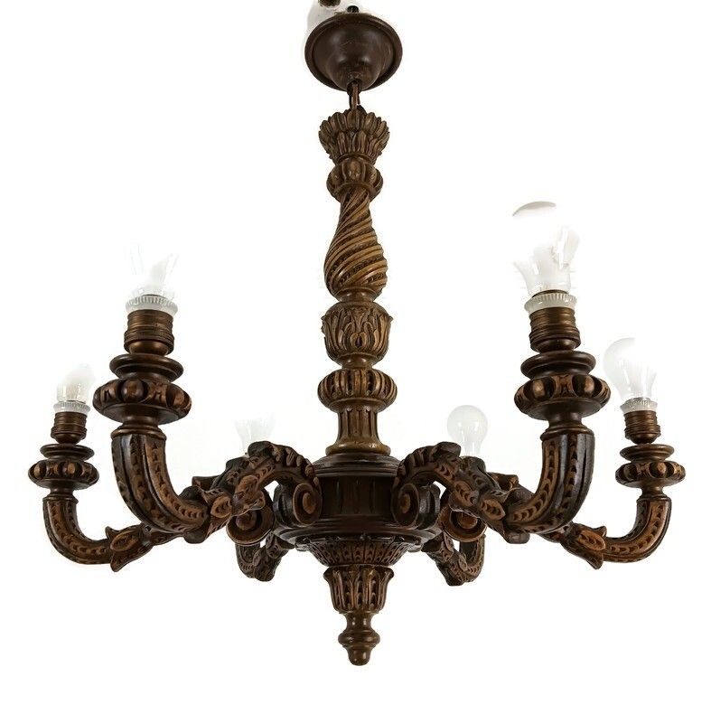 Carved Wood Wooden Chandelier Vintage Gorgeous Ornate 6 Lights Arm Farmhouse Sty