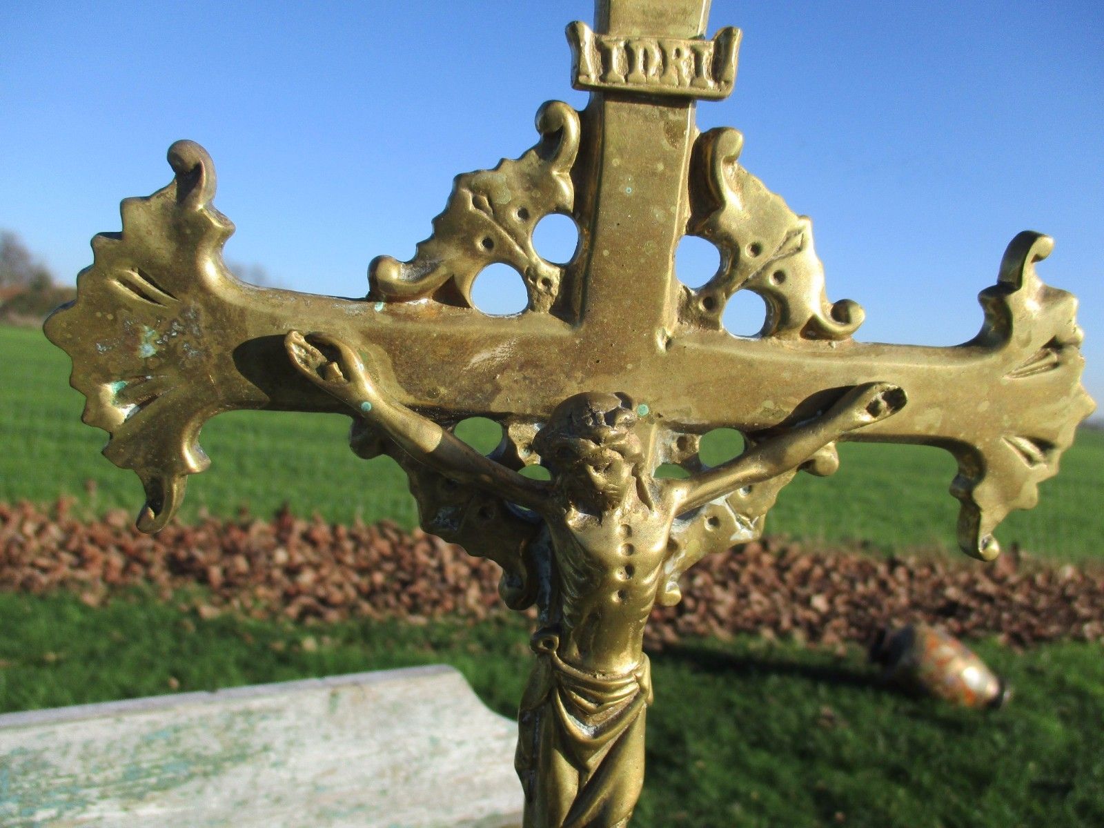 Antique Art Deco Brass Jesus Christ Standing Table  Cross Crucifix  Memento Mori photo 151.0