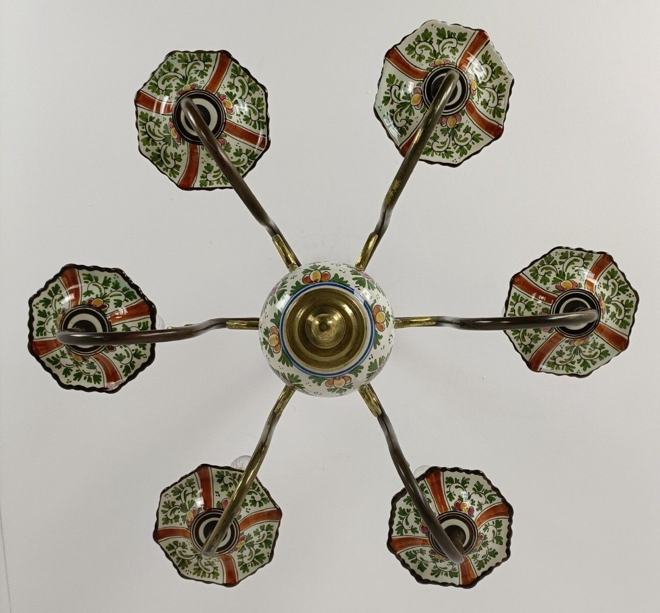 Chandelier 6 Lights Fixture Delft Polychrome Marked Bronze Porcelain Vintage Far photo vinterior