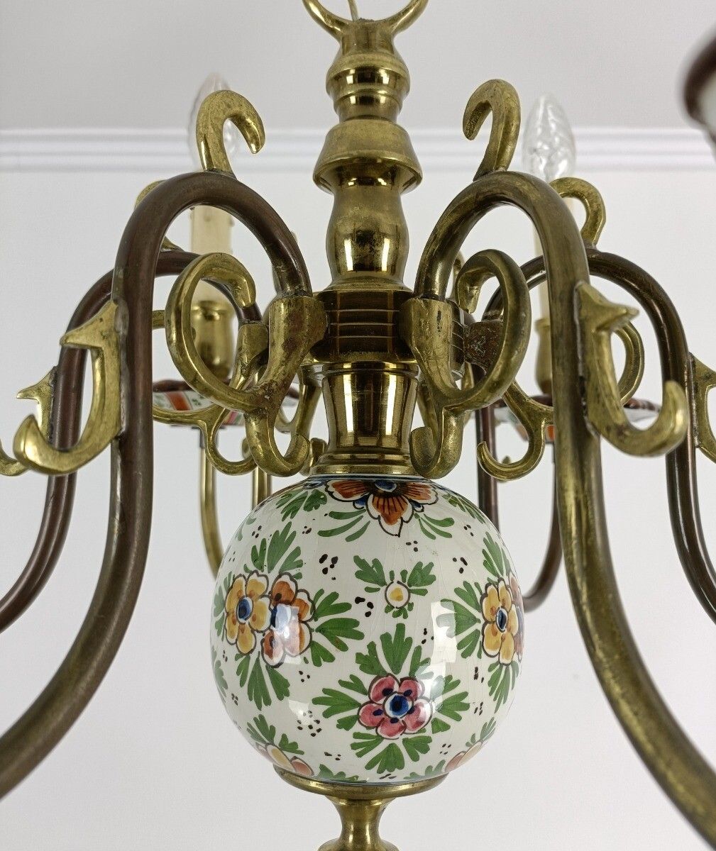 Chandelier 6 Lights Fixture Delft Polychrome Marked Bronze Porcelain Vintage Far photo buy