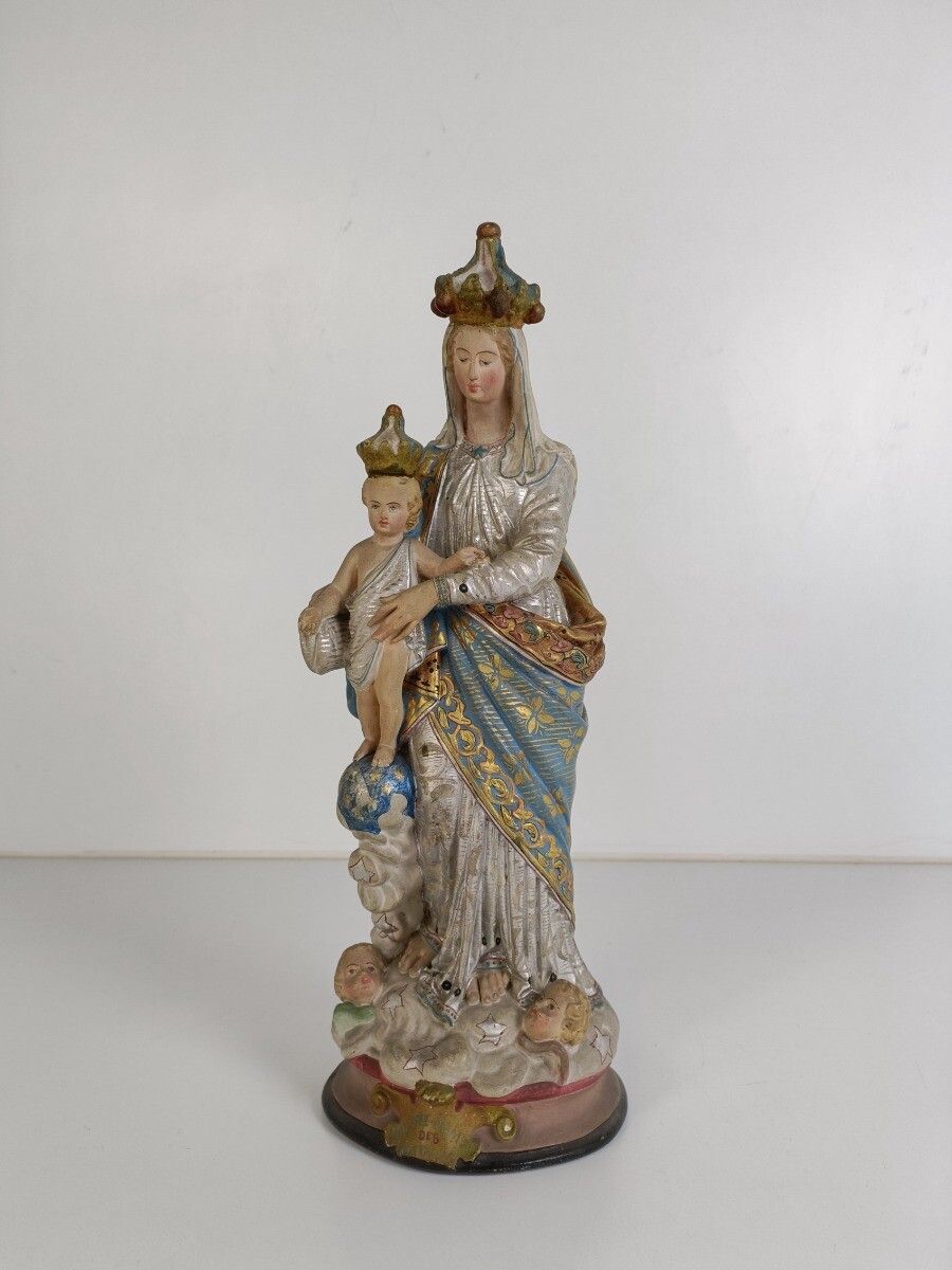Antique Neo Gothic Statue Plaster Polychrome Our Lady Of Victory With Infant Ang photo furniture