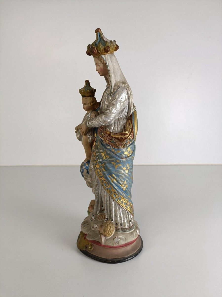 Antique Neo Gothic Statue Plaster Polychrome Our Lady Of Victory With Infant Ang photo 324.0