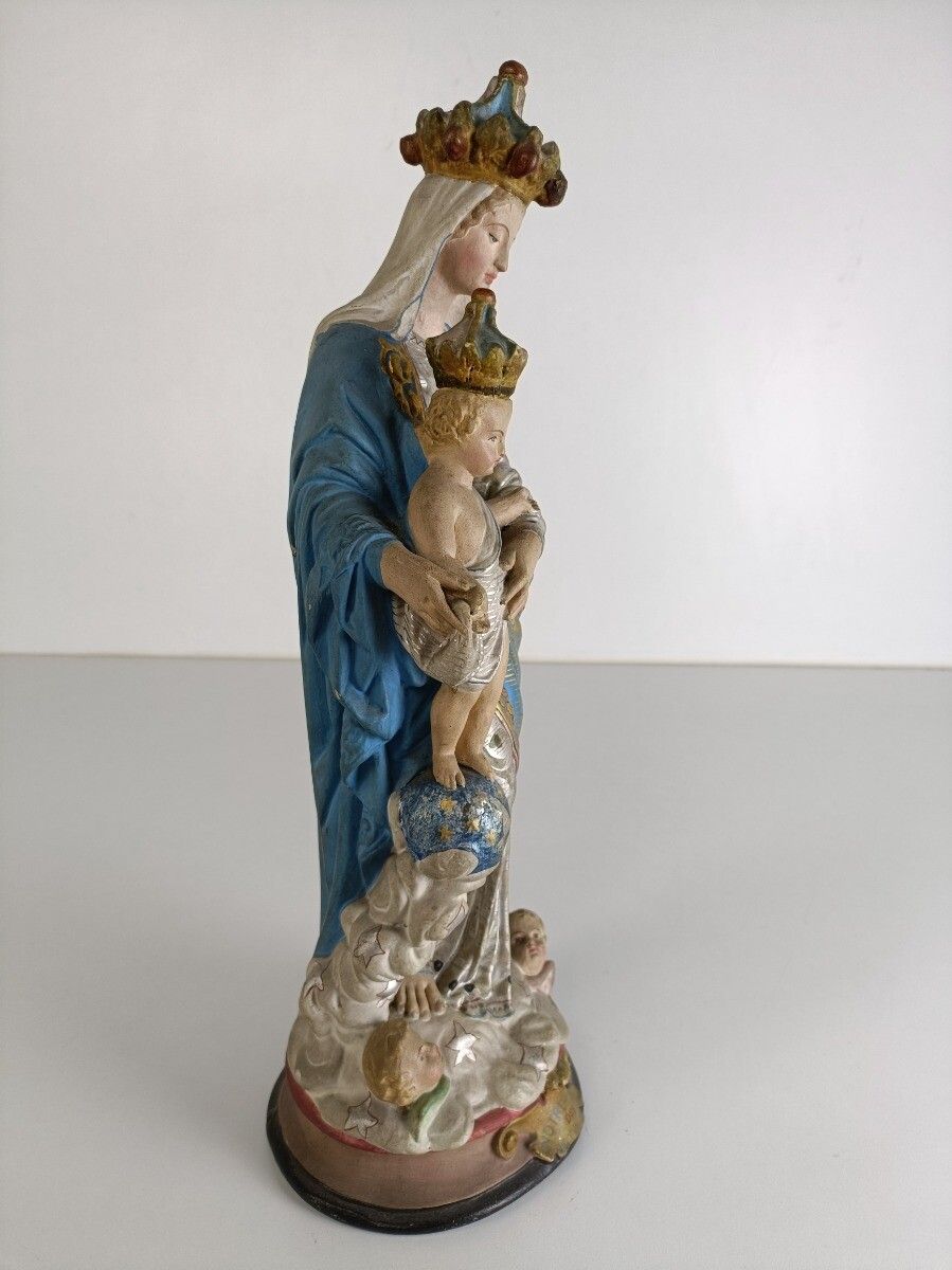 Antique Neo Gothic Statue Plaster Polychrome Our Lady Of Victory With Infant Ang photo vintage