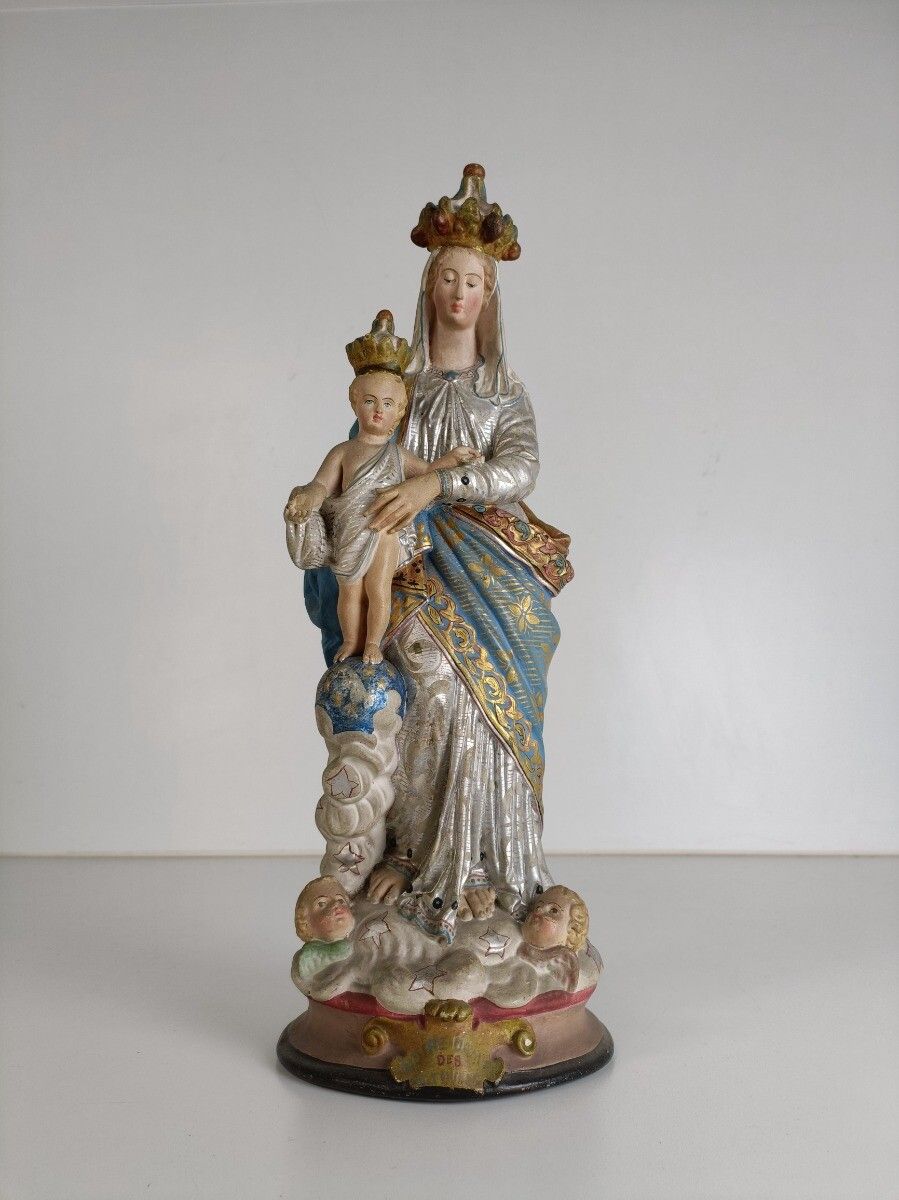 photo furniture Antique Neo Gothic Statue Plaster Polychrome Our Lady Of Victory With Infant Ang