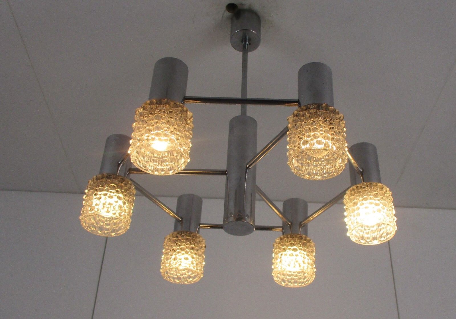 Vintage Chandelier 6 Lights Bubbled Art Glass Sconces Shades Chrome Retro photo furniture