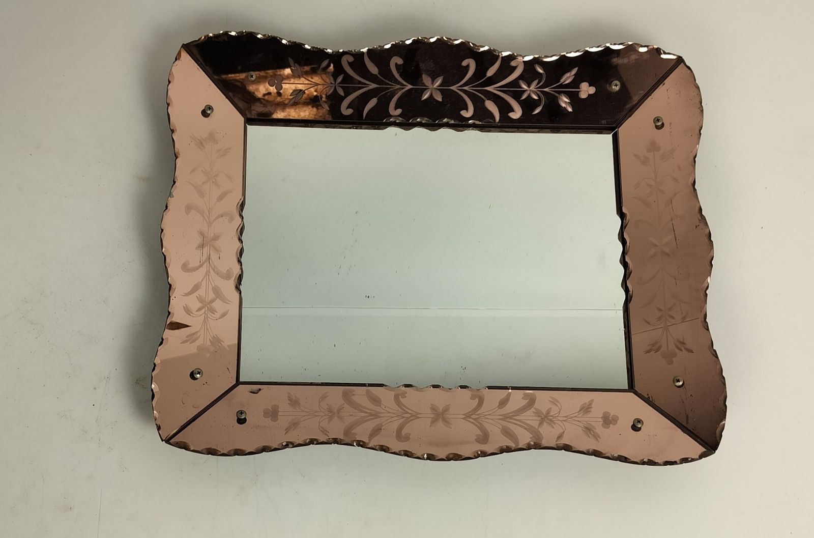 Art Deco Nouveau Wall Hanging Ornate Mirror Vanity Dresser Clear Etched Pink Gla photo vinterior