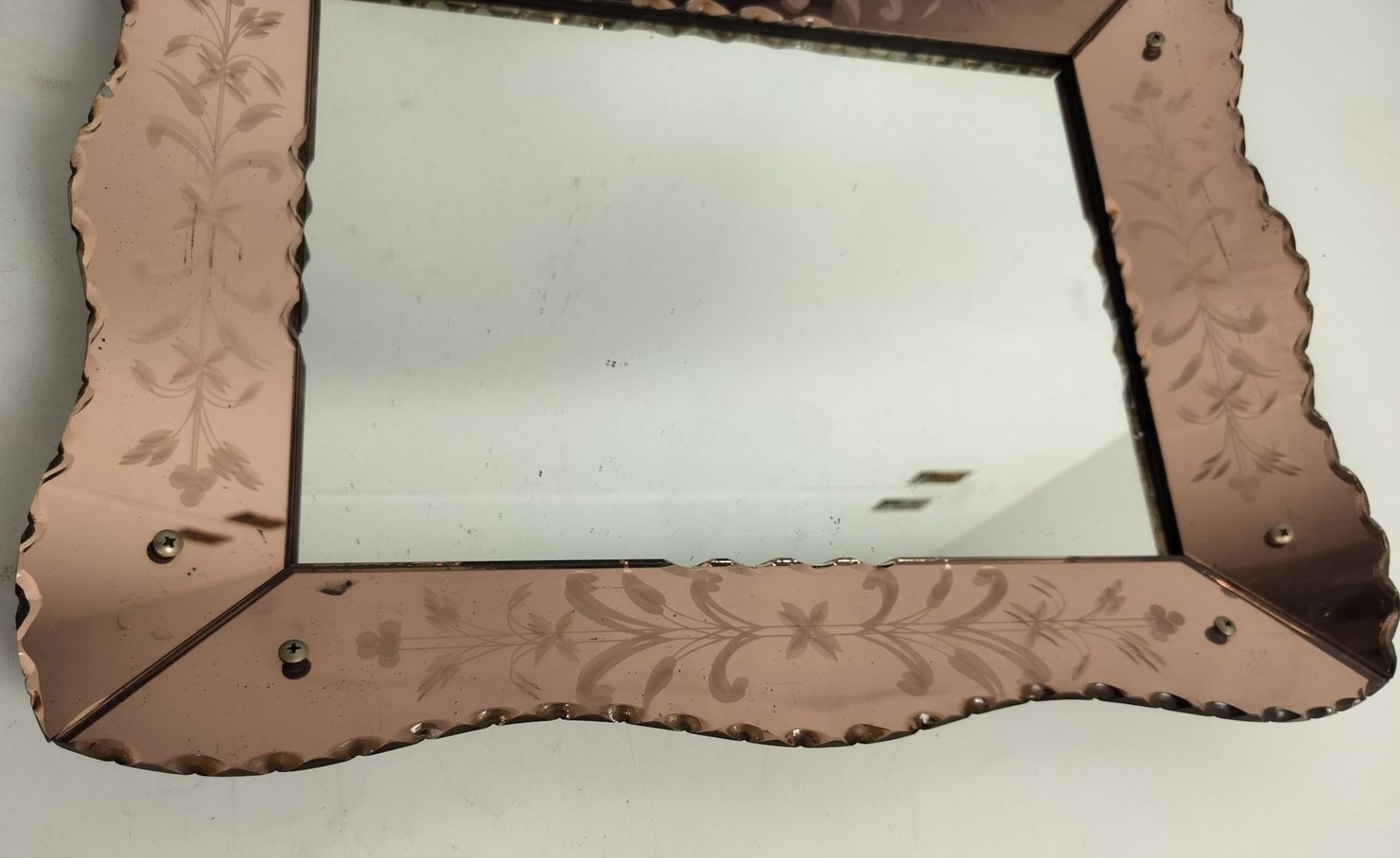 Art Deco Nouveau Wall Hanging Ornate Mirror Vanity Dresser Clear Etched Pink Gla photo buy