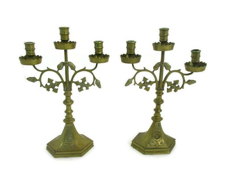 Couple Candle Holders Brass Leafs Ornate Religious Church Candelabra 3 Arm
