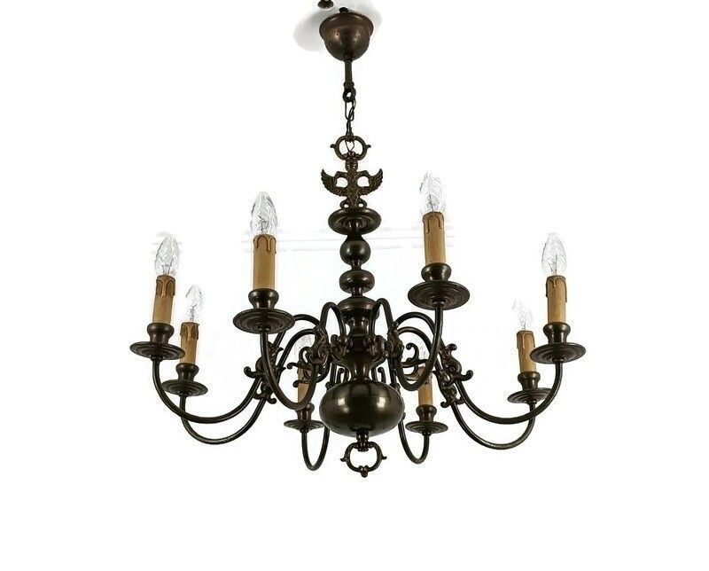 Vintage Chandelier Flemish Dutch Brass  Fish 8 Lights Beautiful Farmhouse Style